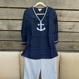 Charter Club Navy Linen Anchor Top w Piping Size M